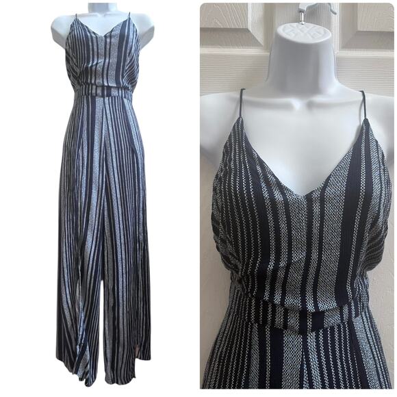 Lulus Suncrest Navy Blue Striped Backless Wide-Leg Jumpsuit Size XS Front Slit - Picture 1 of 15